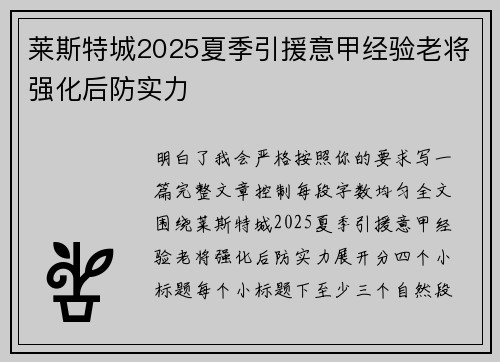 莱斯特城2025夏季引援意甲经验老将强化后防实力