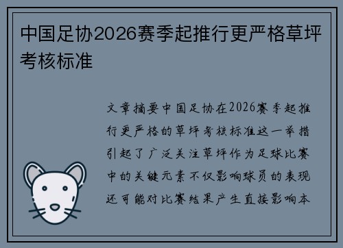 中国足协2026赛季起推行更严格草坪考核标准